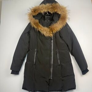 Atelier Noir Rudsak Women Black Down Parka Fur Trim Hood Asymmetrical Zip Large